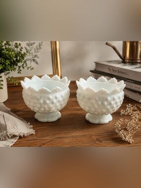 FENTON- Vintage Milk Glass Hobnail Pedestal Candle Holders - Set of 2